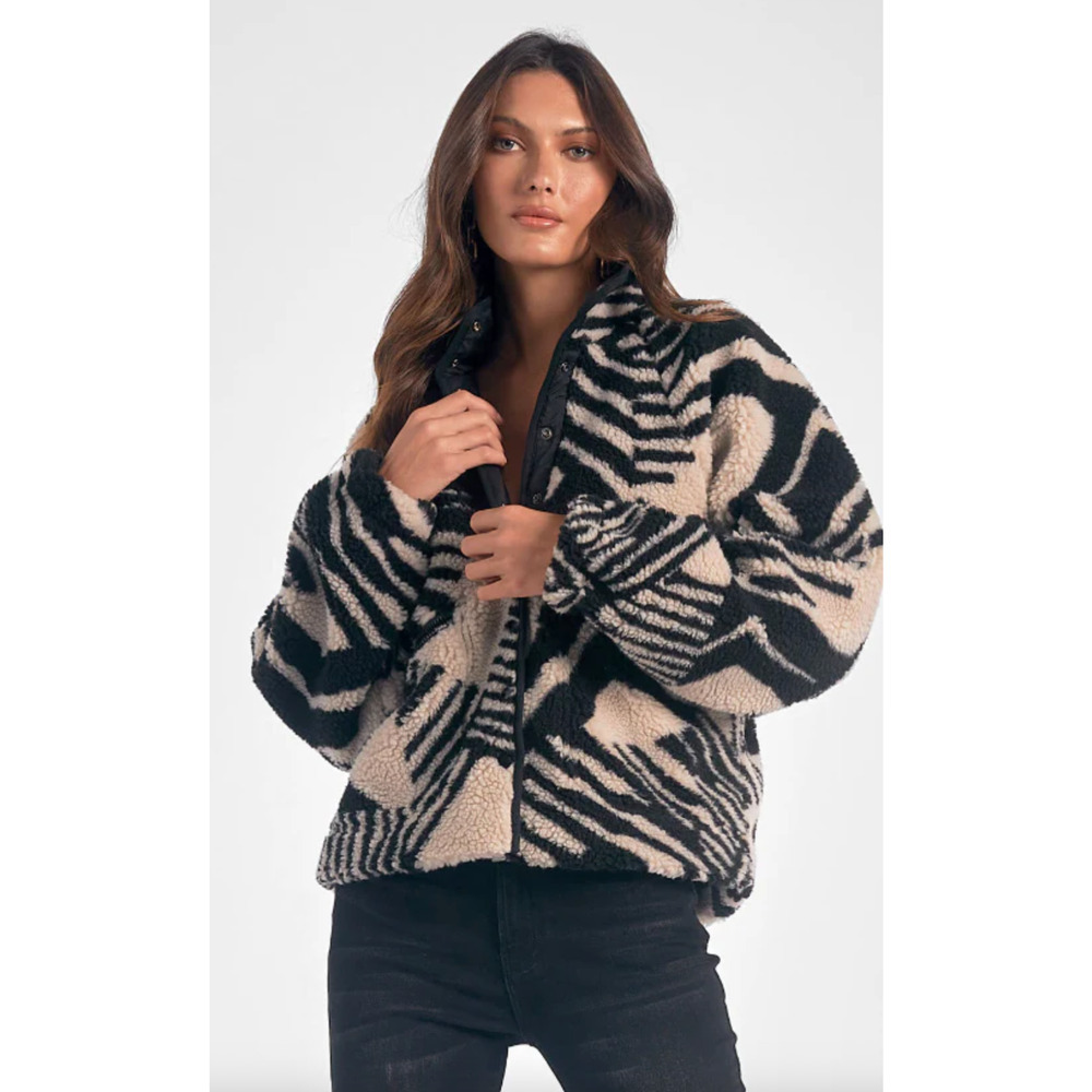 Elan Black and Cream Zebra Print Sherpa Jacket